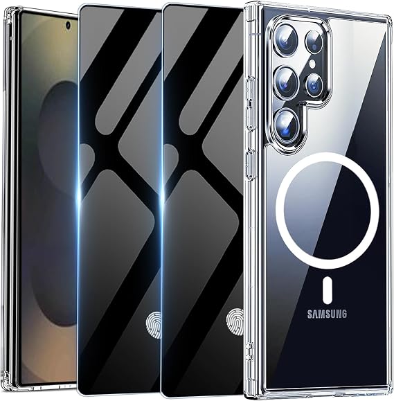 Samsung Galaxy S25 Ultra 5G ケース プライバシースクリーンプロテクター付き、カメラ保護付きクリア磁気携帯電話ケース、Galaxy S 25 Ultra用ソフト耐衝撃保護カバー クリア
