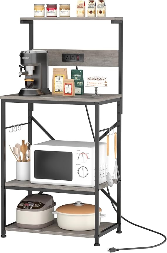 JAMFLY Kitchen Bakers Rack with Power Outlet, Microwave Stand with 6 S-Shaped Hooks, 4-Tier Coffee Bar Microwave Rack (Grey)