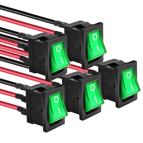 5 Pack KCD1 SPST Pre-Wired On/Off Green LED Boat Rocker Toggle Switch