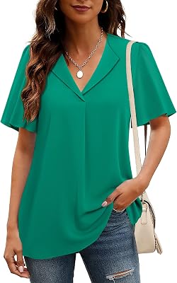 Unixseque Green Blouses for Women,V Neck Womens Dress Shirts Womens Business Attire Chiffon Blouse Work Clothes for Women Office Ladies Professional Tops Short Sleeve Tunics Tops for Leggings Green