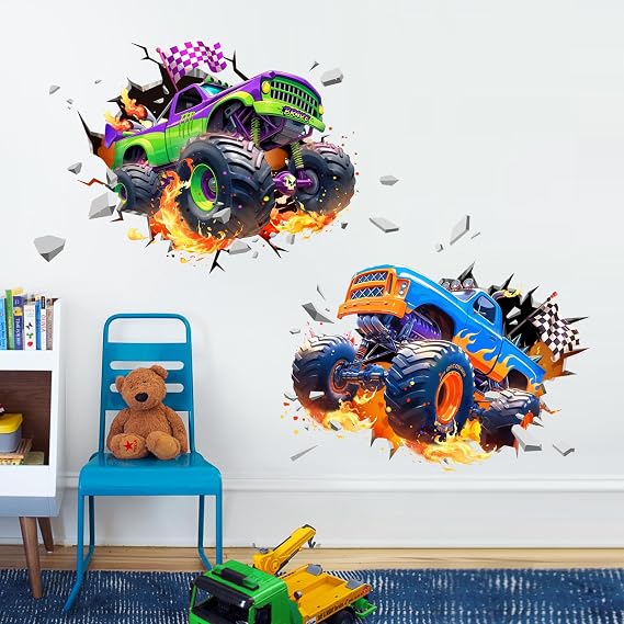 3D Racing Car Break Through Wall Dinosaur Truck Vehicles Decals
