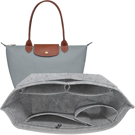 Felt Bag Organizer Insert for le pliage Tote,Purse Organizer Insert Handbag Organizer with Divider Pocket and Zipper Inner Bag Liner for Longchamp Bag (Light Gray,Medium)