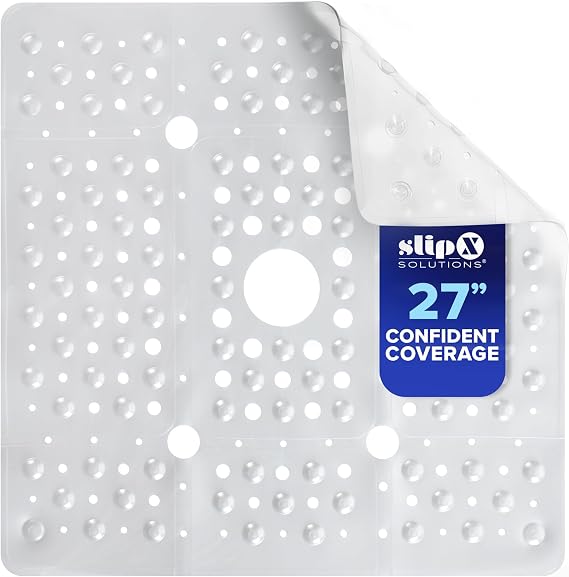 SlipX Solutions 27"x27" Oversize Non Slip Shower Mat, White Pearl