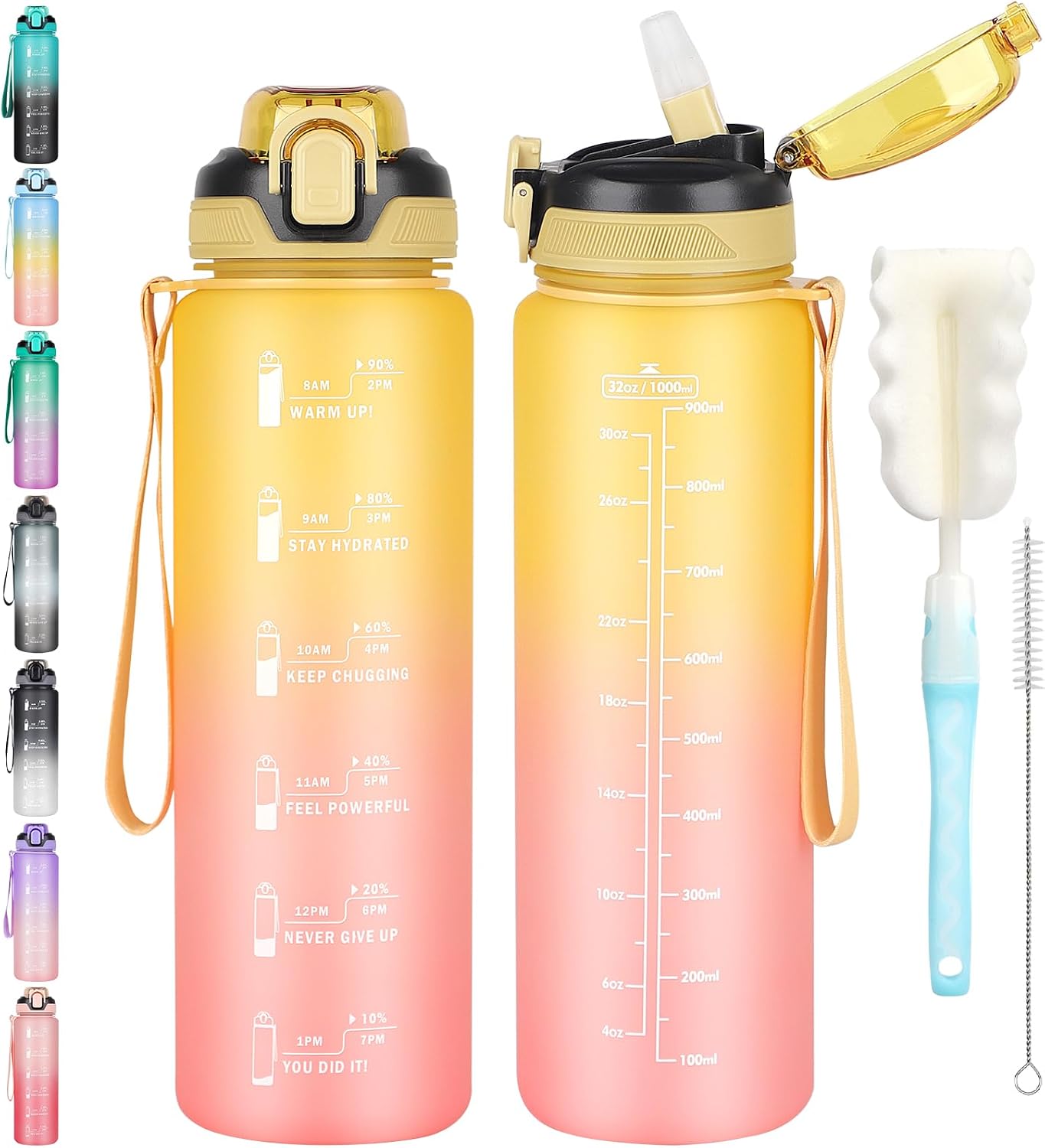 CodiCile 1L Water Bottle with Straw,Water Bottle Dishwasher Safe,Leak-proof Sports Drinks Bottle with Time Maker & Bottle Brush,Non-Toxic for Running,cycling, Gym, School & Office,black grey