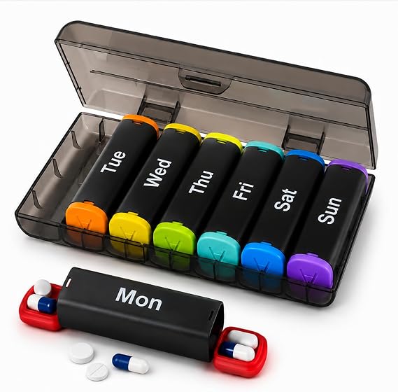 Fineway Weekly Pill Organiser - Pill Boxes 7 Day 2 Times A Day, Medicine Organiser with AM & PM Compartment, 7 Day Pill Box Organiser with Case, Pill Box Organiser for Travel, Work (Black)