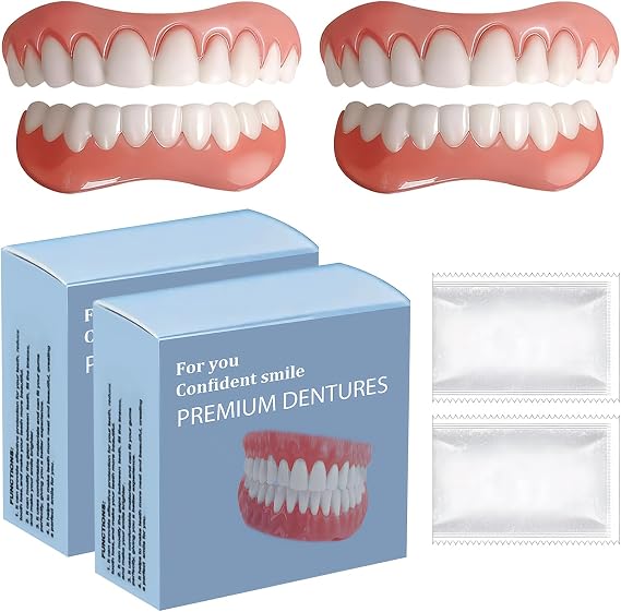 2 Pcs False Teeth Set Full Dentures with Reline,Soft & Adjustable Silicone Teeth Dentures Top and Bottom,Natural-Looking Comfortable Fit
