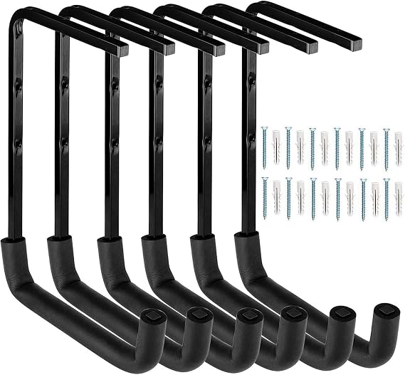 6 Pack Overhead Garage Storage Hooks, Heavy Duty Garage Storage Rack, Wall Mounted Ladder Hook, Utility Ceiling Hangers & Organizer for Wood,Tools, Bicycle