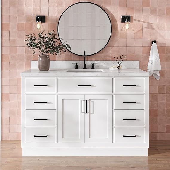 DKB Isabella 54-Inch White Bathroom Vanity with Sink, 1.5-Inch Edge Carrara Quartz Countertop & Backsplash, Rectangular Sink, 2 Soft Closing Doors, 8 Dovetail Drawers, Tilt Drawer, Toe Kick