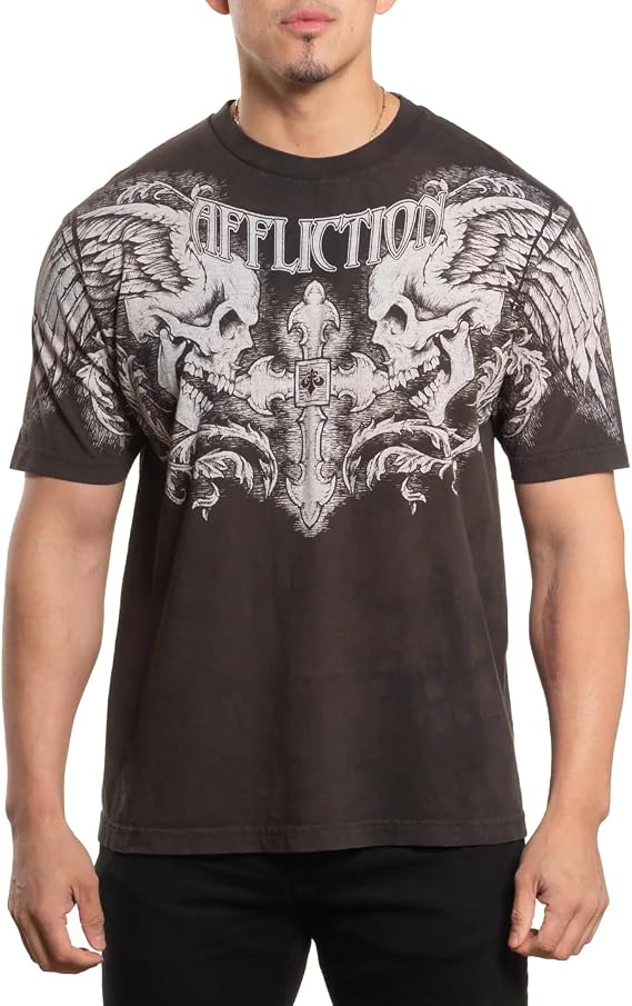 Affliction Men's T-Shirt, Vintage Gothic Cross Vault Design, Short Sleeve Graphic Print, Y2K