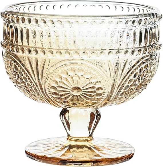 CHOOLD Vintage Sunflower Embossed Glass Footed Dessert Bowl for Ice Cream, Trifle, Salad, Candy, Cake - Home, Party, Wedding - 9 oz, Amber