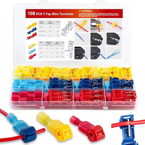 108 Pcs T-Tap Wire Connectors Kit, Quick Splice Self-Stripping Electrical Wire Terminals for Speaker Car Audio, Nylon Fully Insulated Male Quick Disconnects for Automotive Wiring (22-10 AWG)