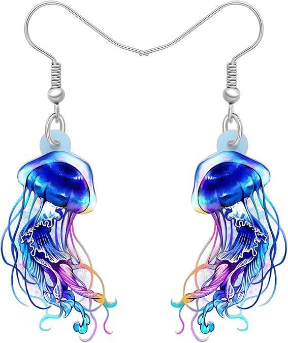 BONSNY Cute Acrylic Blue Ocean Shine Jellyfish Earrings Sea Animals Dangle Gifts for Women Jewelry Accessories