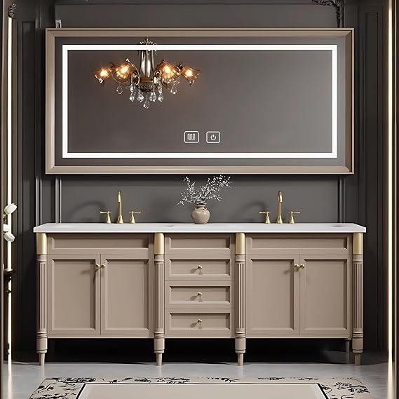 Bathroom Vanity with Sink - Modern Double Sink Bathroom Vanity, Floating Vanity with Smart Defogging Mirror, Floating Vanity Bathrooms -Multi-Layer Solid Wood Material (Khaki, 68")