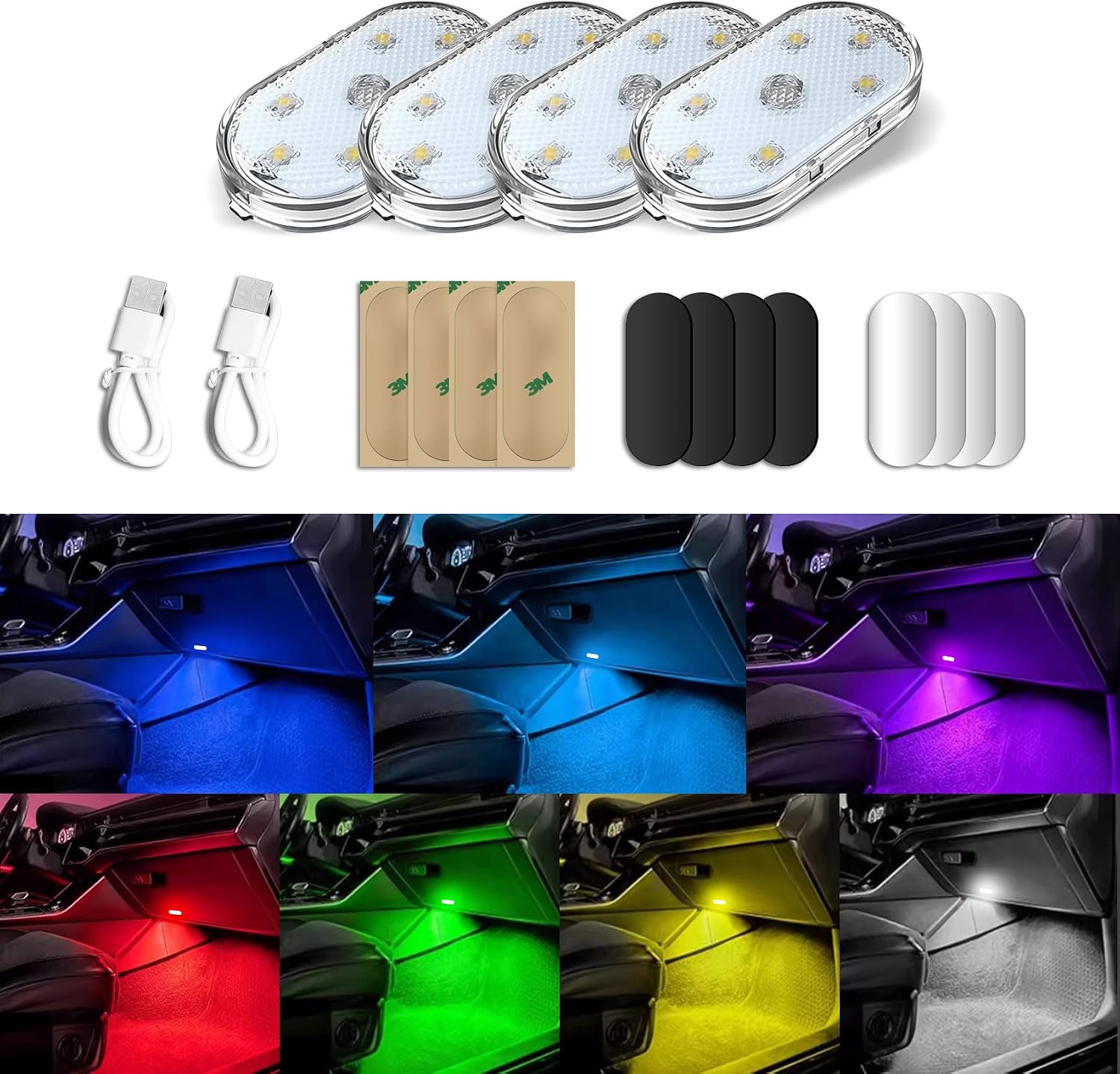 4PCS 7 Colors Magnetic Car Interior Ambient Lights Wireless, Mini USB C Rechargeable Car Led Lights Interior with 6 Bright Led Lamp Beads, Universal Car Interior Accessories for Car Decor