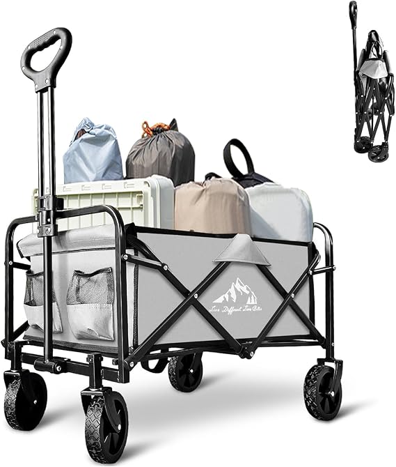Collapsible Utility Cart Folding Wagon, 320lbs Capacity Lightweight Rolling Cart with Quiet Wheels, Quick-Fold Design for Camping, Shopping, Ourdoor Use, Gray