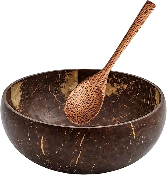 2PCS Coconut Bowl and Wooden Spoon Set, Coconut Bowls Large Size, Serving Bowl Handcrafted from Coconut Shell, Natural Finish for Dining or Storage