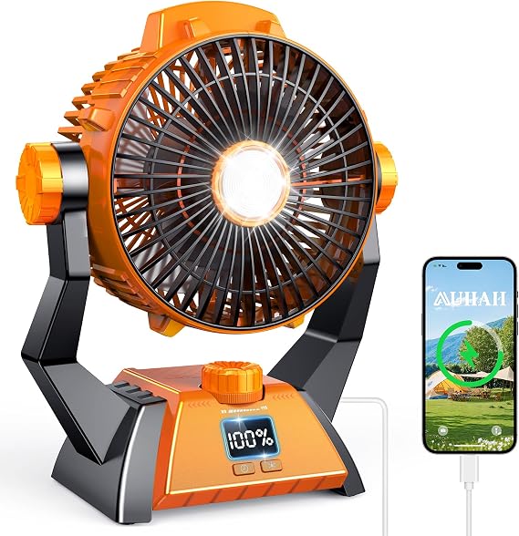 Camping Fan - Rechargeable Portable Battery Powered Camping Fans for Tents with LED Light, Power Display, Timers & 360 Hanging Hook, Ultra Quiet USB Personal Tent Fan for Fishing Travel Home Office