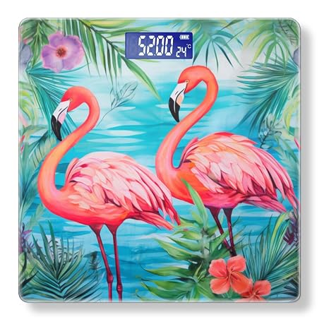 Digital Scale for Body Weight Highly Precision Bathroom Weight Scale 400 lbs with Backlit Display Personalized Scale for Home-Two Pink Flamingos with Flower