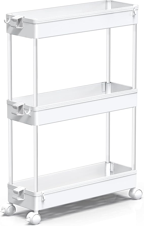 SPACEKEEPER Slim Rolling Storage Cart, 3 Tier Bathroom Cart Organizer,White | Narrow Rolling Cart with Wheels for Kitchen Office Bathroom Laundry Room,Mobile Utility Cart for Craft Art Makeup Nail Polish