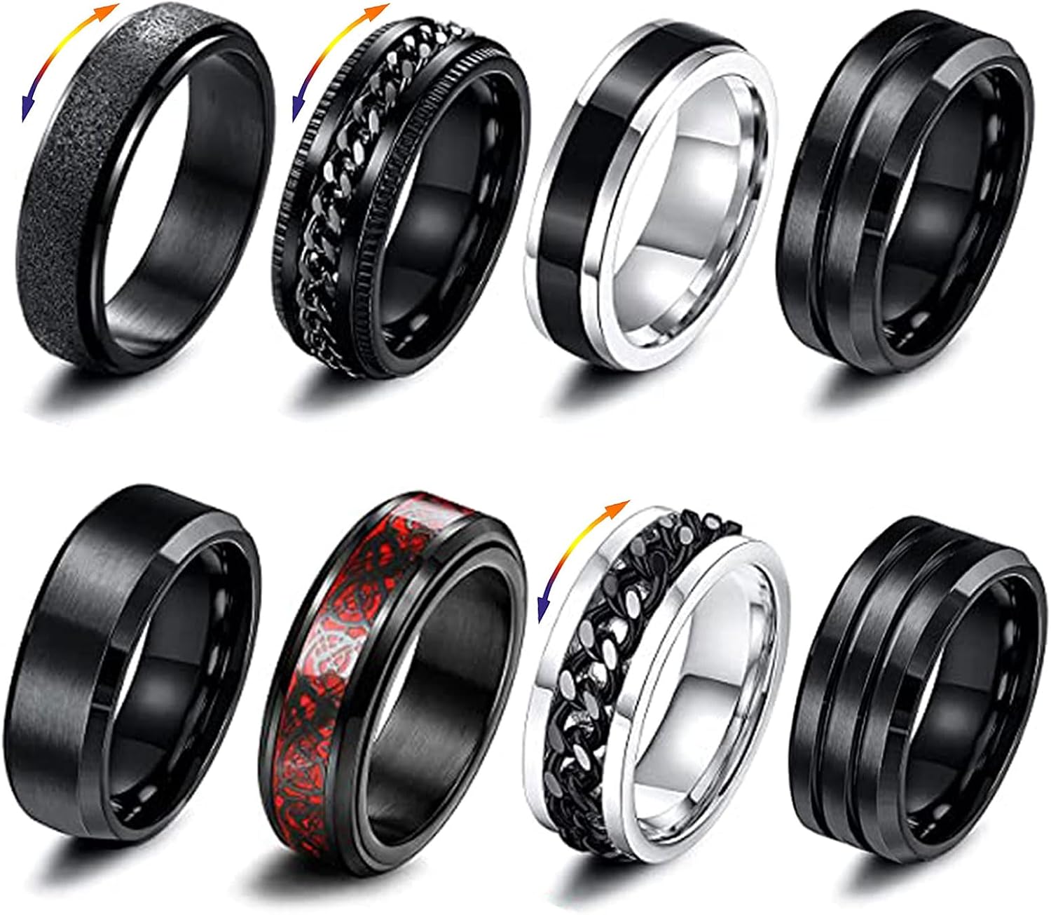 GoPaw Men Stainless Steel Spinner Ring - 8 Pcs Black Spinner Rings for Men Women - Cool Twisted Chain Anxiety Rings Men Rings Black Spinner Ring Set