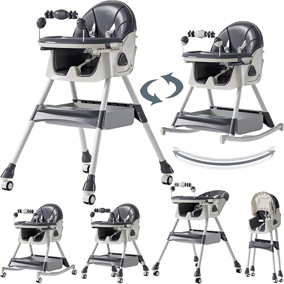 PU Leather Baby High Chair with Rocking Mode, Foldable Multi-Functional Baby Eating Chair with Adjustable Backrests and Heights, Highchair with Wheels and Double Trays (560 Grey)