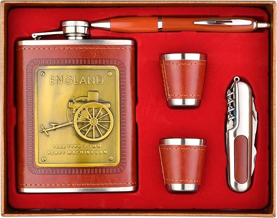 Mens Hip Flask Gift Set, Stainless Steel Leak Proof Engraved Hidden Flask, Leather Wrap Cover Flask with Multifunctional Keychain and Funnel for Wedding, Groomsmen, Climbing, Hiking, Picnic