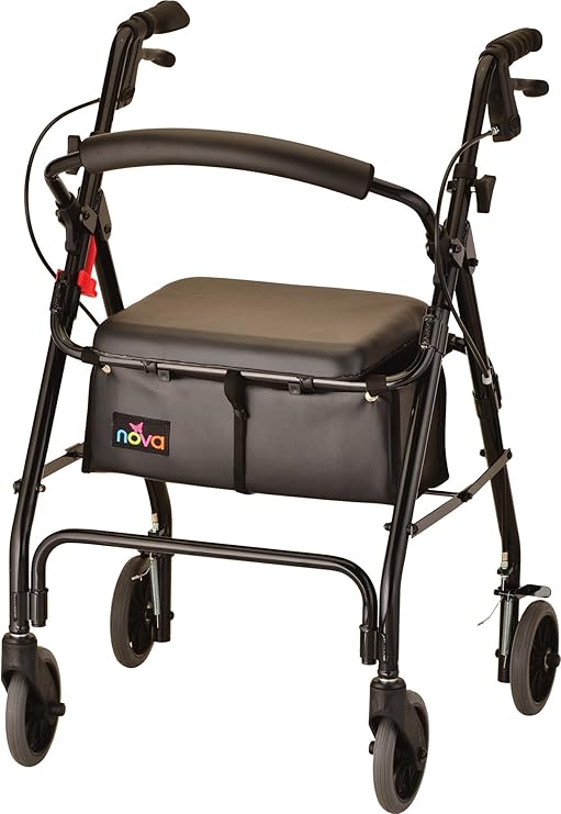 NOVA GetGo Classic Rollator Walker for Seniors, Lightweight Folding Rolling Walker with Wheels, Lock N Load for Easy Transport & Storage, Adjustable Height 5'4"6'1", Black