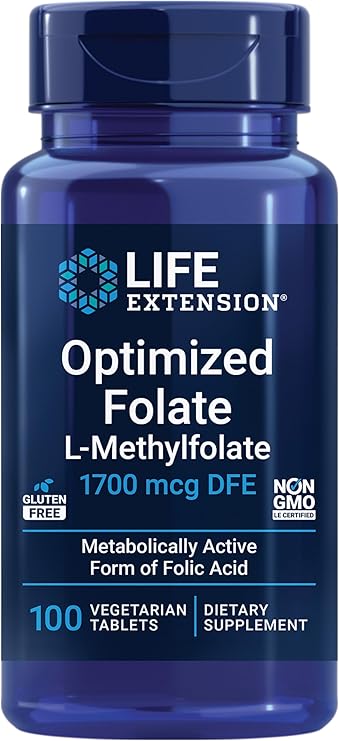 Life Extension Optimized Folate L-methylfolate Heart & Brain Support, Healthy Homocysteine Levels Non-GMO, Gluten-Free, Vegetarian 1700 mcg DFE, 100 Vegetarian Tablets