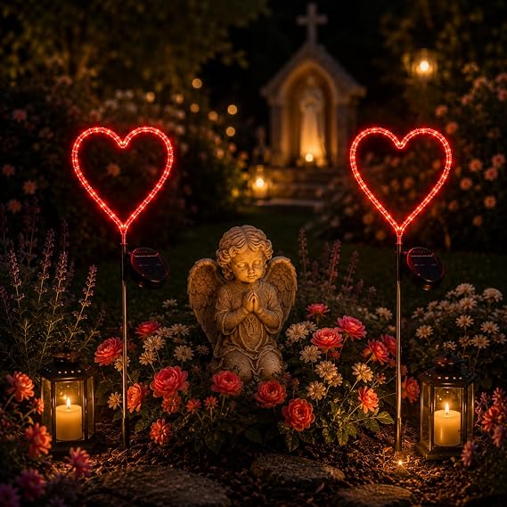 Solar Heart Garden Stake Light with Copper Wire LED - Red Light - Metal Frame Valentine's Day Outdoor Decor for Yard Patio Pathway - Waterproof Red Heart Shaped Solar Lights, Lawn Decor, Gift