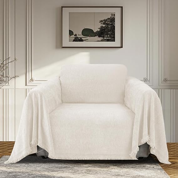 BellaHills Sofa Cover 3 Seater Chenille Sofa Covers 2 Seater Armchair Covers L Shape Sofa Slipcover Non-Slip Couch Covers with Tassel Sofa Protector from Dogs, 180x230cm, Beige