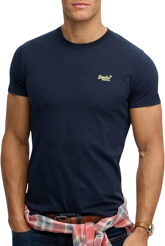 Superdry Men's Essential Logo EMB T-Shirt, Nautical Navy/Yellow
