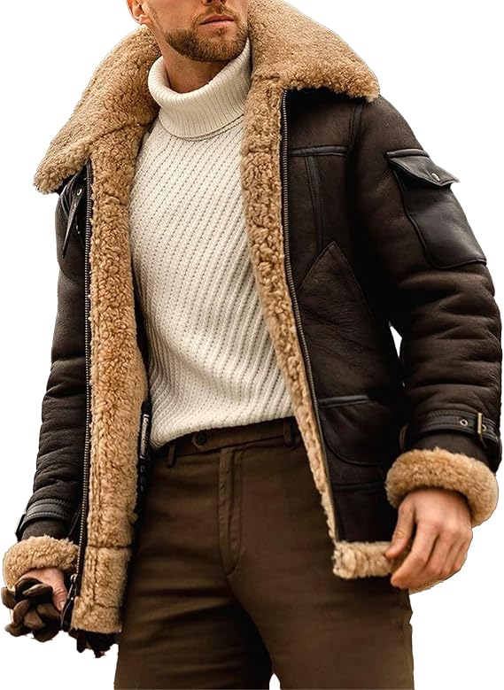 Vintage Fur Collar Sherpa Leather Coat for Men Winter Warm Thicken Leather Jacket Classic Motorcycle Bomber Overcoat