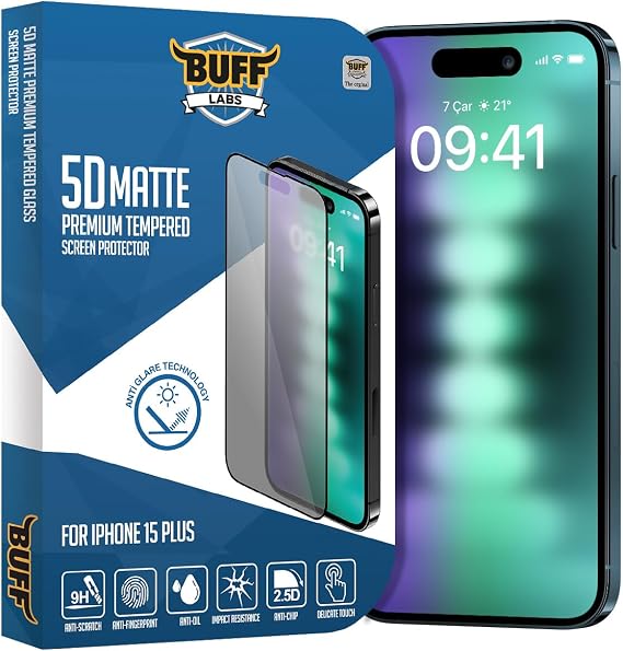 BUFF LABS iPhone 15 Plus ile Uyumlu 5D Matte Mat Ekran Koruyucu