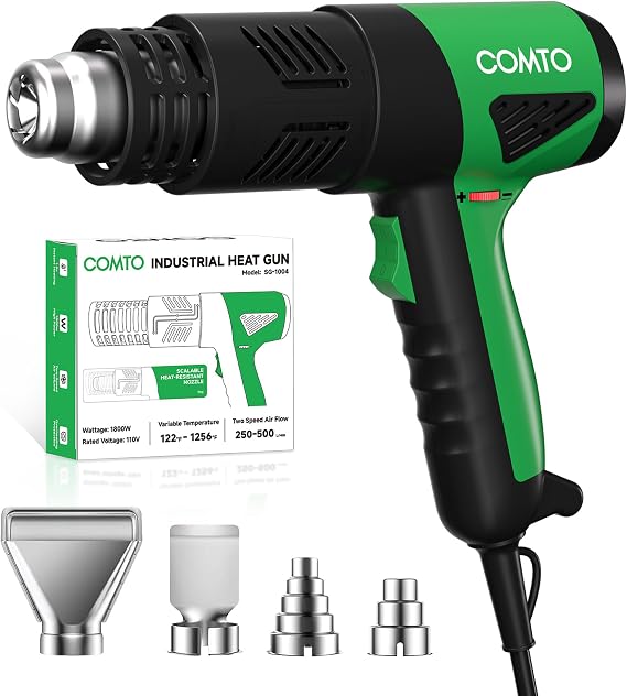 1800W industrial heat gun, fast heating, 168℉ to 1500℉, variable temperature control, overheat protection, 2-speed airflow with 4