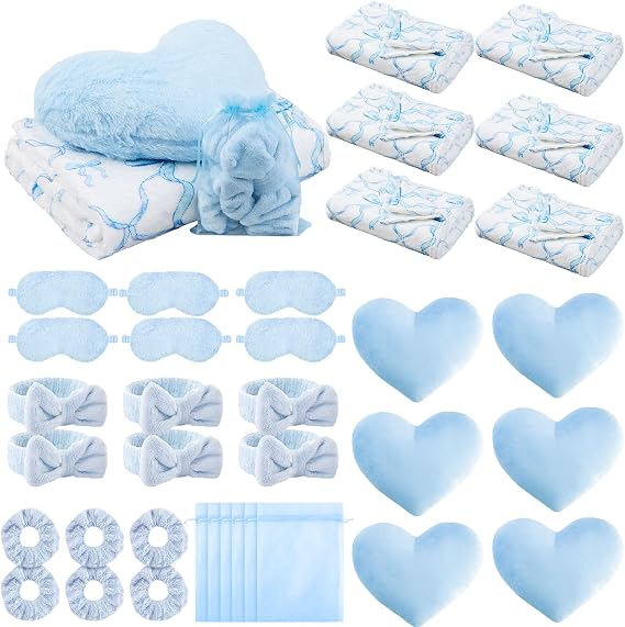 Fanfanwin 36 Pcs Sleepover Party Supplies for Girls Throw Blanket Spa Headband Heart Shaped Pillows Sleep Eye Mask Scrunchies Organza Bag for Spa Birthday Party Favors(Bow Print,Light Blue)
