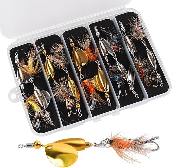 Trout Spinner Lures with Stimulator/Humpy Dry Fly Tail, Brass Hard Metal Hand-Tied Rooster Bait Tail Fishing Spinnerbaits for Bass Pike Salmon Saltwater Freshwater Lake River