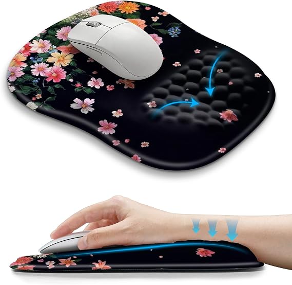 Hokafenle Ergonomic Wrist-Hugging Mouse Pad Wrist Support, U-Shaped Holding Wrist Rest Mousepad for Carpal Tunnel Pain Relief with Cushioned Memory Foam Slope Massage Bulge (10.2x8.3 in,Fall Flower)