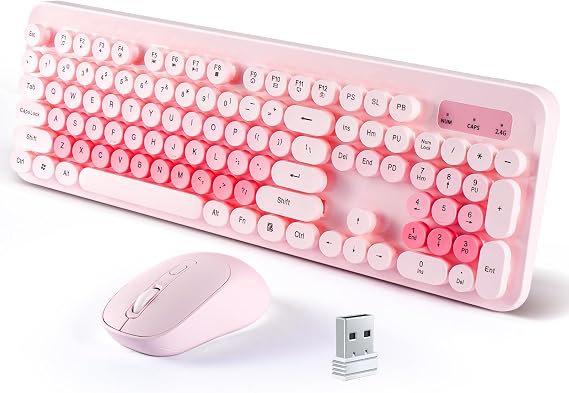LAMA Colorful Wireless Keyboard and Mouse Combo, Full-Sized Bluetooth Round Keyboard, Adjustable DPI Mouse, 2.4GHz USB Receiver, Silent Keyboard and Cute Mouse for PC, Windows, MAC, Desktop, Laptop,PK