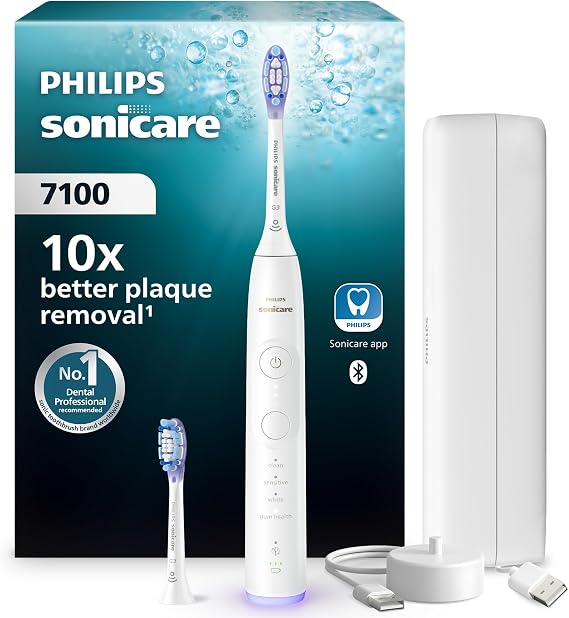 Philips Sonicare 7100 Electric Toothbrush, Sonic Toothbrush with App, 4 Brushing Modes and 3 Intensity Levels, Pressure Alert, EasyStart, SmarTimer, White, Model HX7420/02 [New Technology]