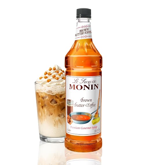 Monin - Brown Butter Toffee Syrup, Buttery-Smooth Flavor with Rich Nutty Aroma, Great for Lattes, Milkshakes, and Iced Coffees, Gluten-Free, Vegan, Non-GMO (1 Liter)