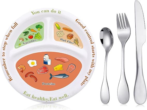 Eaasty 4 Pieces Bariatric Portion Control Plate Stainless Steel Silverware Flatware Set Tableware Cutlery Set Diet Plate for Balanced Eating Weight Loss Serving Decorations