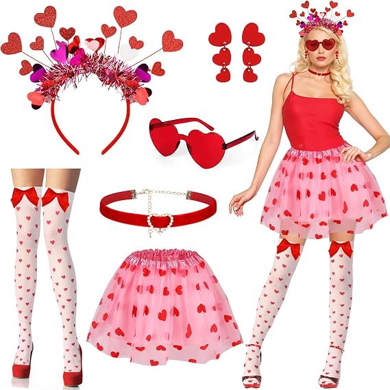 Cupid Costume with Pink Tutu Valentines Headband Heart Glasses, Valentines Day Accessories for Valentine's Day Party