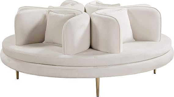 Meridian Furniture 627Cream Circlet Collection Modern | Contemporary Velvet Upholstered Roundabout Sofa with Sturdy Gold Iron Legs, Cream, 72" W x 72" D x 29" H