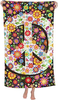 VOOHDDY Hippie Flower Fashion Vintage 70s 80s Peace Beach Towel Large Soft Absorbent Microfiber Quick Dry Oversized Bath Towels for Bathroom Women Men Pool Camping Travel Swimming Picnic
