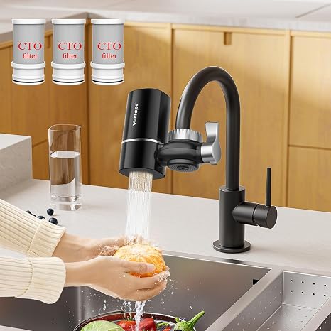 Faucet Filter, NSF Certified, 400 Gallon High Efficiency Water Purification System, Fast 99% Chlorine & Odor Removal with 3 Water Filter(T1-Black)