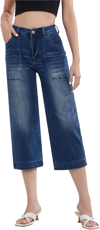 Women's High Waisted Wide Leg Capri Jeans Stretchy Denim Cropped Pants with Utility Pockets Comfort Fit