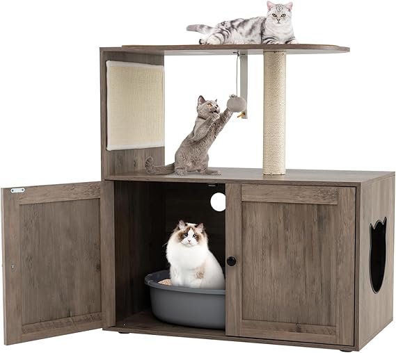 PETSITE Cat Litter Box Enclosure with Cat Tree, 2-in-1 Hidden Litter Box with Pad Covered Spacious Top Perch, Sisal Scratching Post and Pad, Dangling Ball, and Anti-toppling Device, Grey