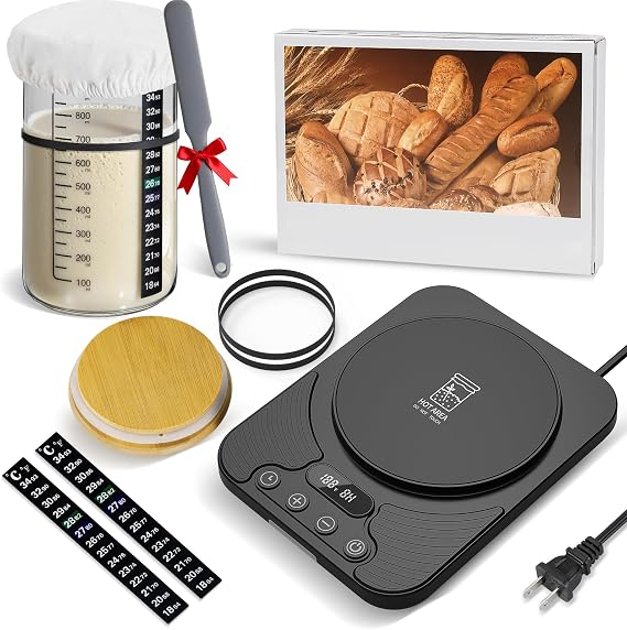 Sourdough Starter Warmer Kit with 34oz Glass Jar - 24H Timer Auto ON/OFF, 1F Control (70-100F), Smart Warming Memory, Sour Dough Bread Starter Heater Accessories, Home Baker Tool Gifts