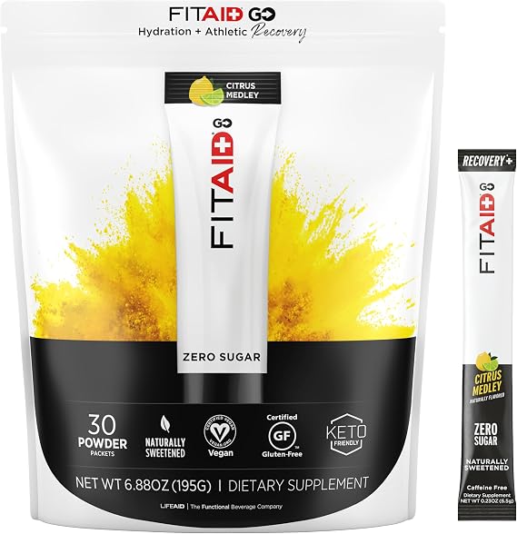 LIFEAID FITAID GO! ZERO SUGAR Recovery + Hydration Packet, W/ BCAAs, Glucosamine, Electrolytes, Omega-3s, 100% Clean, Vegan & Gluten-Free, Naturally Sweetened, 30 Count (Pack of 1)
