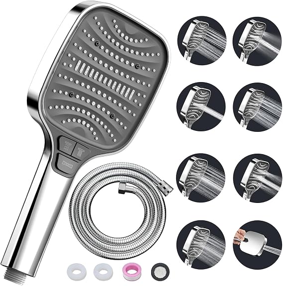 Shower Head with Hose 1.5 m - Shower Head with 8 Jet Types & Stop Function - Shower Heads Rain Shower Large Rain Shower Head Hand Shower Shower Shower Head Water-Saving Economy Shower Head Silver 2